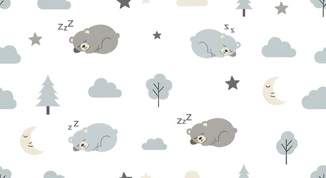 Cute seamless pattern with sleeping bears and night sky elements.