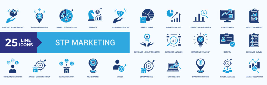 STP Marketing Icon Set Flat Blue Style Illustration Vector
