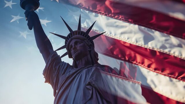 Statue of liberty and american flag symbol of freedom and independence with dramatic lighting and patriotic colors for usa