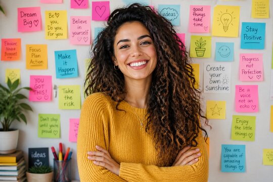 Young woman smiling with sticky notes and motivational messages on office wall