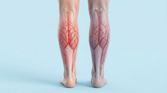 Comparison of healthy and impaired blood circulation in human lower legs. 3D medical illustration showing calf muscles and vascular system.