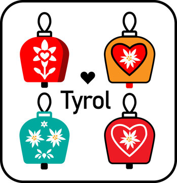 Alpine cowbell vector icons set with edelweiss and heart ornaments