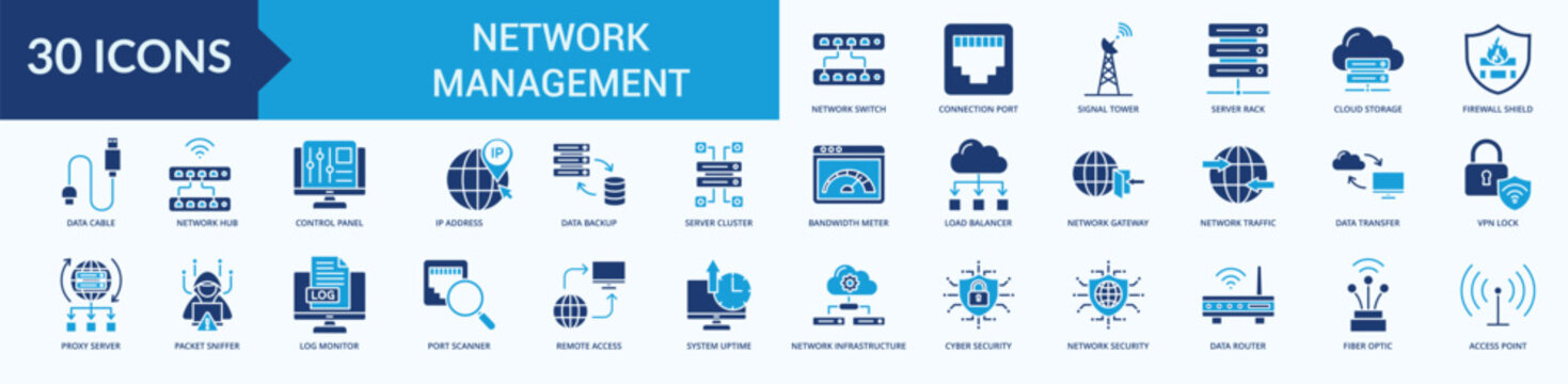 Network Management Icon Set Flat Blue Style Illustration Vector