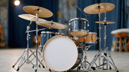 Obraz premium Drum set with cymbals and snare, featuring a bass drum with a blank white head, positioned in a spacious music studio with blue curtains in the background