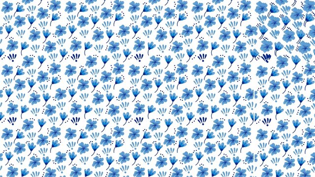 Blue Floral Seamless Pattern on White Background, Cute Botanical Repeat Design
