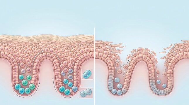 3D medical illustration of skin cell regeneration showing stem cell division and migration