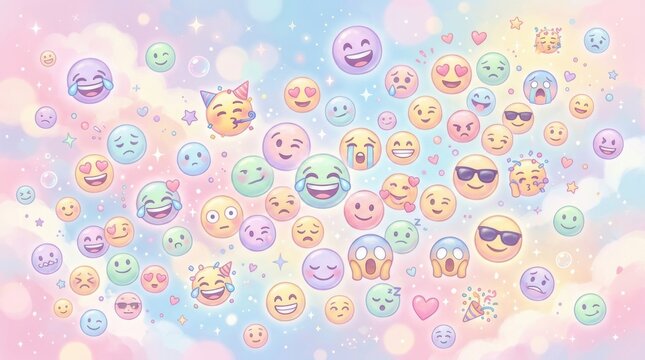 Colorful emoji pattern with various expressions on soft pastel cloud background created in whimsical digital illustration style.