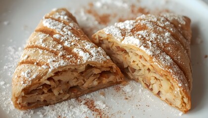 Naklejka premium Freshly baked apple strudel pastry triangles dusted with cinnamon and powdered sugar on clean white ceramic plate.