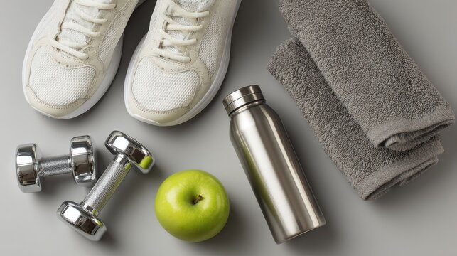 Essential fitness and wellness equipment is neatly arranged on a neutral surface.