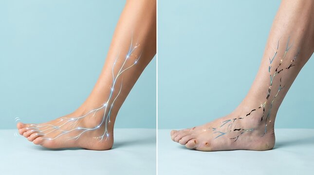 Split screen comparison of healthy and damaged nerve pathways in a human foot and lower leg