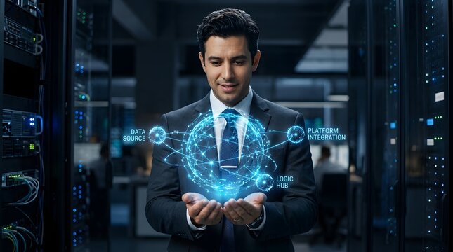  Data scientist or IT professional holding a glowing blue holographic globe with data source and platform integration nodes in a data center server room