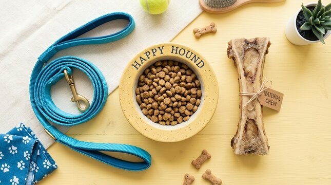 Blue dog leash with kibble bowl and bone toy.