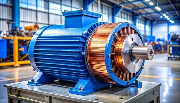 Industrial electric motor with blue housing, cooling fins, exposed copper windings, mounted on metallic base in workshop, symbolizing electromechanical engineering and modern industrial technology.