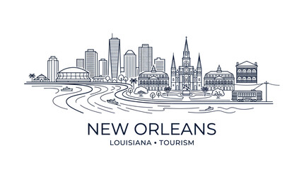 Obraz premium New Orleans Skyline Illustration, Louisiana Landmark Cityscape, Travel Landmark Drawing