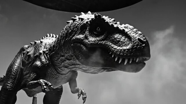 Black and white close up of a fearsome tyrannosaurus rex model with fog or mist emitting from its mouth.