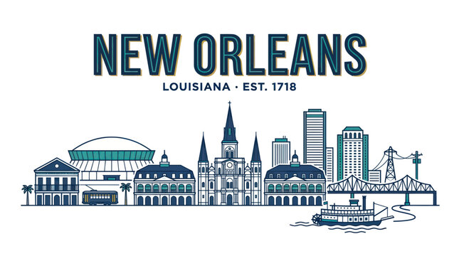 New Orleans Skyline Illustration with Historic and Modern Buildings