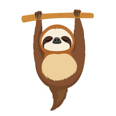 Fototapeta premium A cartoon sloth hangs peacefully from a branch, depicting a cute and relaxed animal