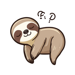 Fototapeta premium Adorable illustration of a sleepy, cartoon sloth with closed eyes, and question mark doodles