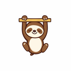 Fototapeta premium Adorable cartoon sloth hanging from a wooden bar, smiling with closed eyes, soft color scheme