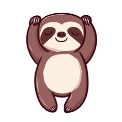 Fototapeta premium A cartoon sloth raises its arms and closes its eyes, showing a serene, cheerful expression
