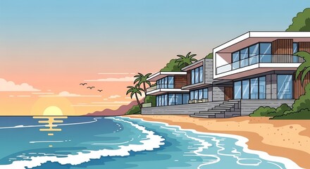 Fototapeta premium Modern Luxury Beachfront Villas Illustration with Sunset Ocean View and Tropical Palm Trees