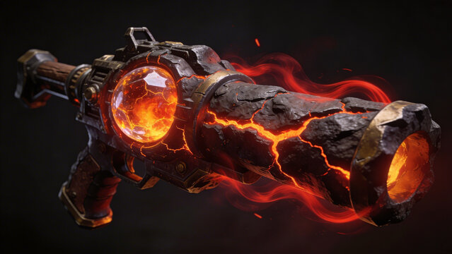 Futuristic gun with glowing red orbs and fiery molten lava effect