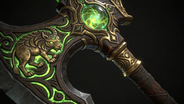 Fantasy Axe with Glowing Gem and Intricate Carvings, Dark Background