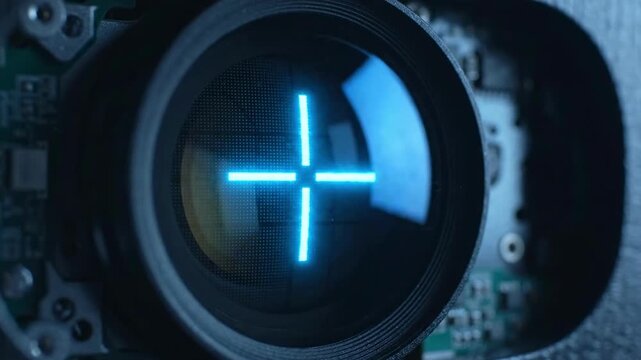 Close up of advanced optical device lens with blue crosshair overlay