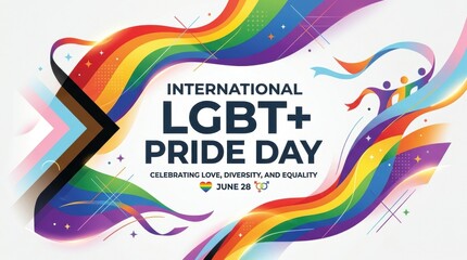 Obraz premium Gay pride day poster with dynamic rainbow ribbons and progress pride flag colors celebrating love and diversity on twenty eighth.