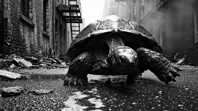 Epic slow motion close up of a giant tortoise walking down a wet urban street in black and white
