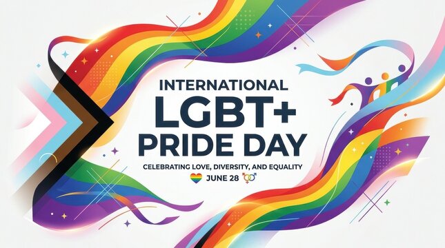 Gay pride day poster with dynamic rainbow ribbons and progress pride flag colors celebrating love and diversity on twenty eighth.