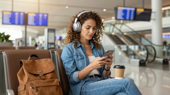 Young woman listens to music at airport while waiting for flight with coffee and backpack
