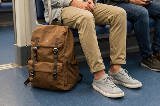 Person travels on subway with brown backpack and grey shoes in urban setting