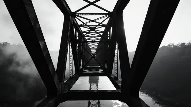 Low Angle Perspective of a Historic Truss Bridge in Black and White Leading Through Foggy Landscape