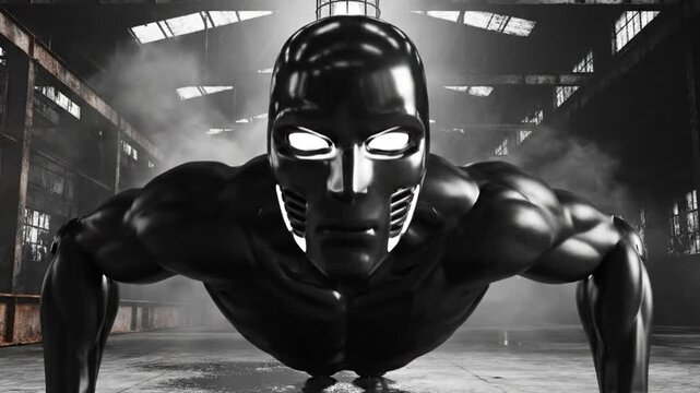 Futuristic athlete in an industrial setting performs push-ups as part of a workout with dramatic lighting and smoke