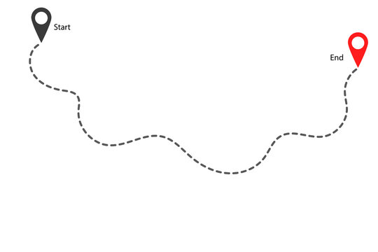hand drawn curved dashed path line showing a route between two points.