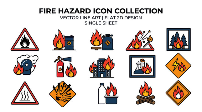 Fire Hazard Icons Collection: Danger Signs, Warning Symbols, Safety Alerts