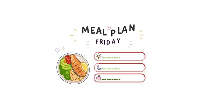 Healthy meal plan infographic animation for Friday on white background. Cute doodle animation of nutrition tracker with salmon plate, diet schedule columns, and weight loss management.