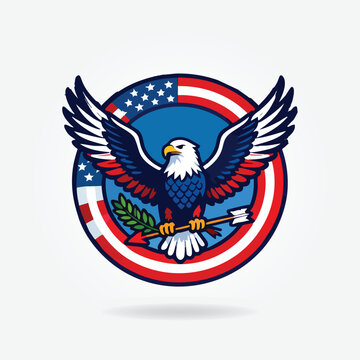 "Independence Day of America July 4th badge logo set featuring Statue of Liberty, bald eagle, American flag, fireworks, and bold red white blue typography."