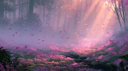 Fototapeta premium Sunlight streams through a misty forest, illuminating falling pink petals