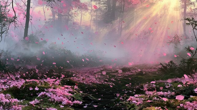 Ethereal forest path carpeted with falling pink petals, sunbeams pierce fog