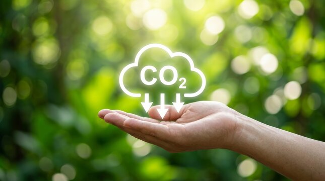 Carbon management strategy concept with a hand holding a CO2 reduction icon against green nature.