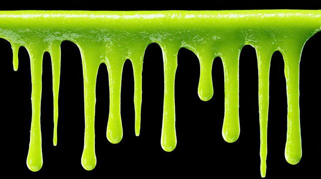 Gooey bright green liquid drips in viscous strands against a black backdrop