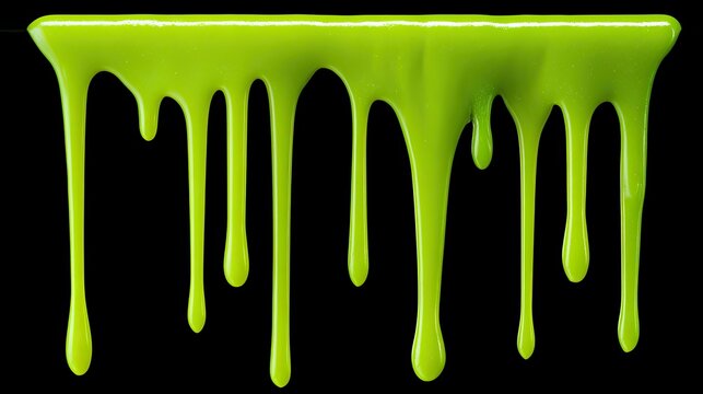 Fluorescent green liquid drips down against a stark black background
