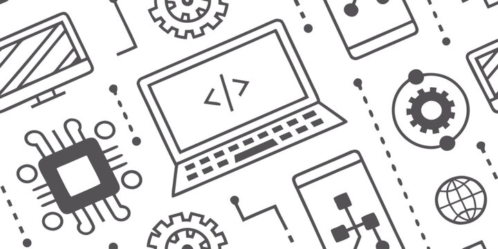 Abstract coding and programming seamless background with laptop gears and mobile device outline icons