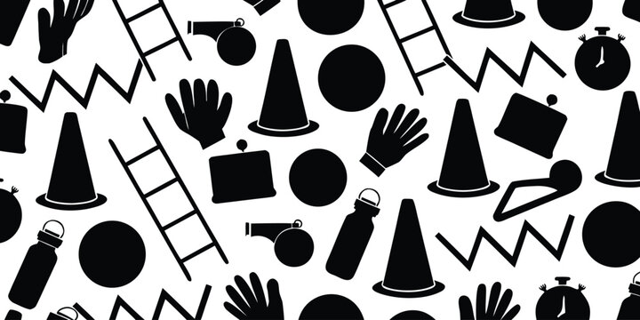 Black sports equipment pattern with cones ladders and stopwatches