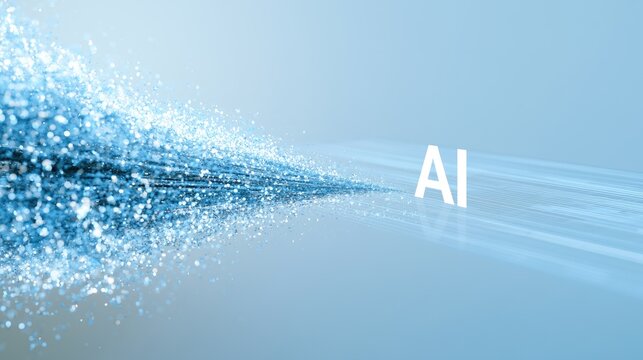 Digital stream of light particles converges into "AI" on a gradient blue background