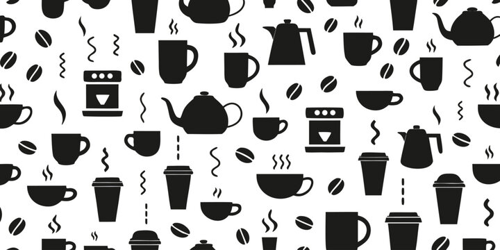 Coffee shop pattern with mugs pots and coffee beans