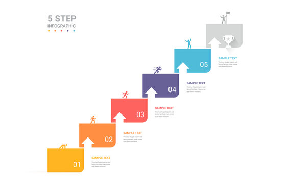 Infographic Staircase Step Business Growth timeline with 5 Step Arrow Process and Concepts for Success Diagram Background