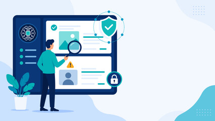 Man examines digital screen for data security. Magnifying glass highlights protected user profiles. Shield icon confirms safe access and privacy. Lock symbol adds layer of secure authentication © El Hakim